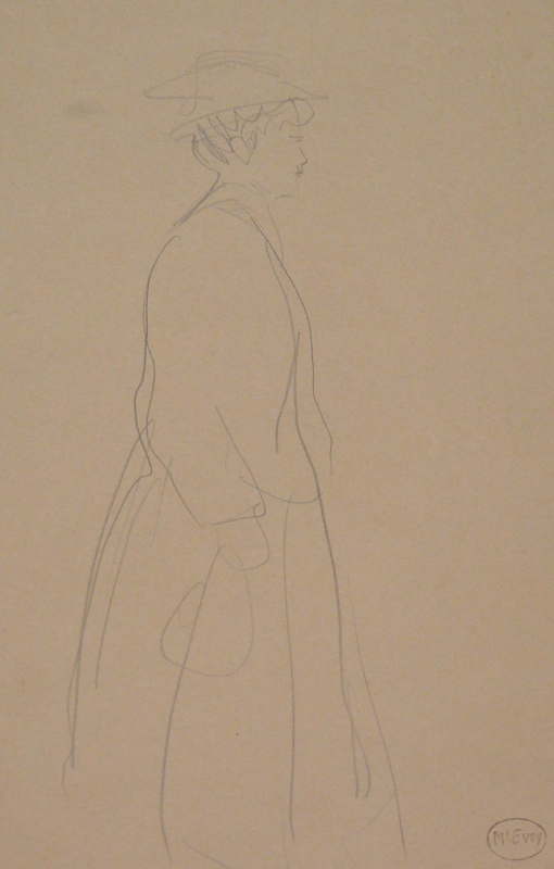 209ch  3/4 length quick study lady in a skirt and hat with a bag facing left.